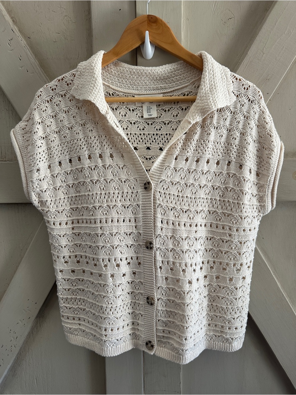 Jessica Simpson Crochet Knit Button Front Sweater Top Ivory Medium Boho